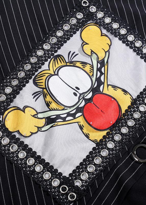 Loose Black Cotton Clothes Patchwork Cotton Cartoon Print Fall Dresses