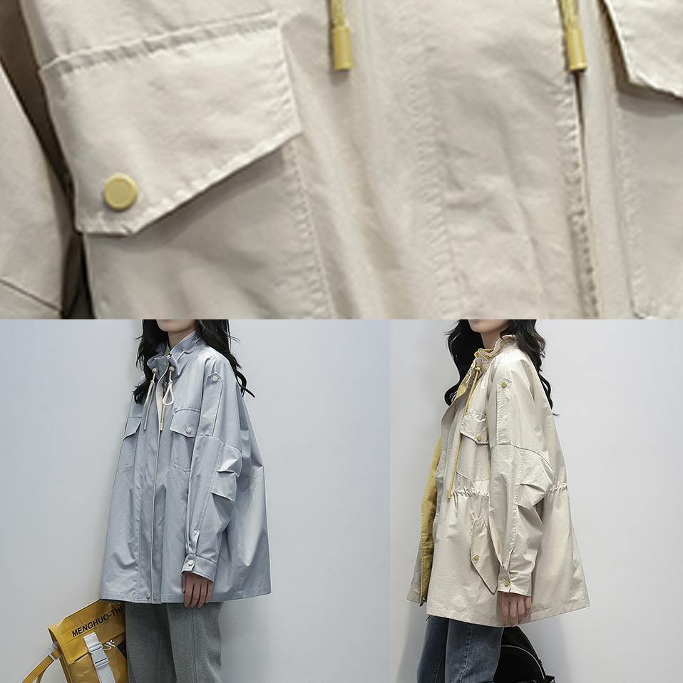 Loose Blue Fine Outwear Sewing Stand Collar Drawstring Outwears