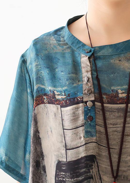 Loose Blue Gray Print Chiffon Wardrobes Korea Work O Neck Asymmetric a Line Summer Dress