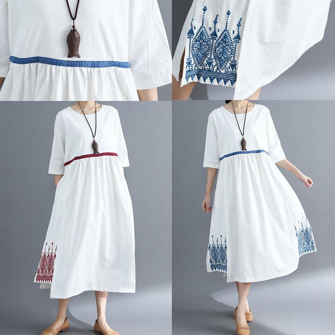 Loose Blue Linen Clothes for Embroidery Clothing Summer Dress