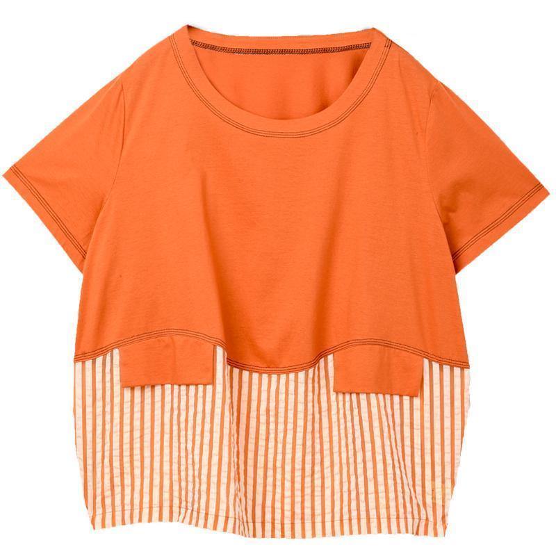 Loose Cotton Tunic Boutique Spliced Striped Cotton Round Neck Blouse