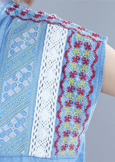 Loose Denim Blue Cotton Dresses Stand Collar Embroidery Tunic Summer Dresses