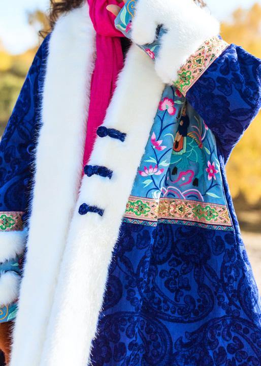 Loose Faux Fur Collar Fine Embroidery Outfit Blue Dresses Outwears