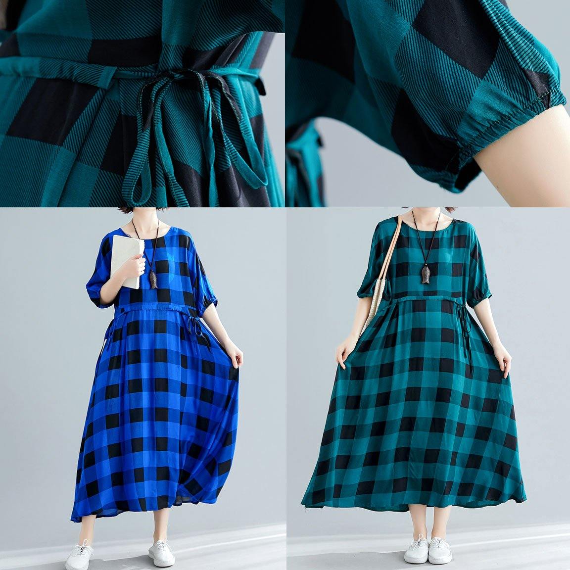 Loose Green Plaid Cotton Dress Half Sleeve Dresses Summer Dresses