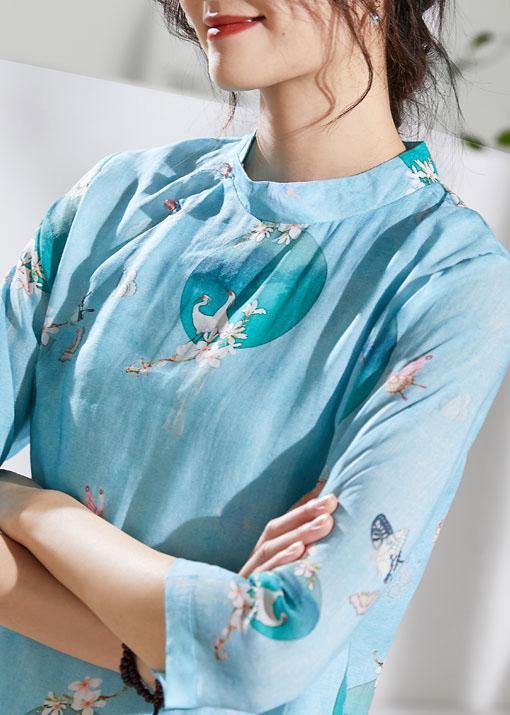 Loose Light Green Print Linen Dress Stand Collar Patchwork Knee Dress