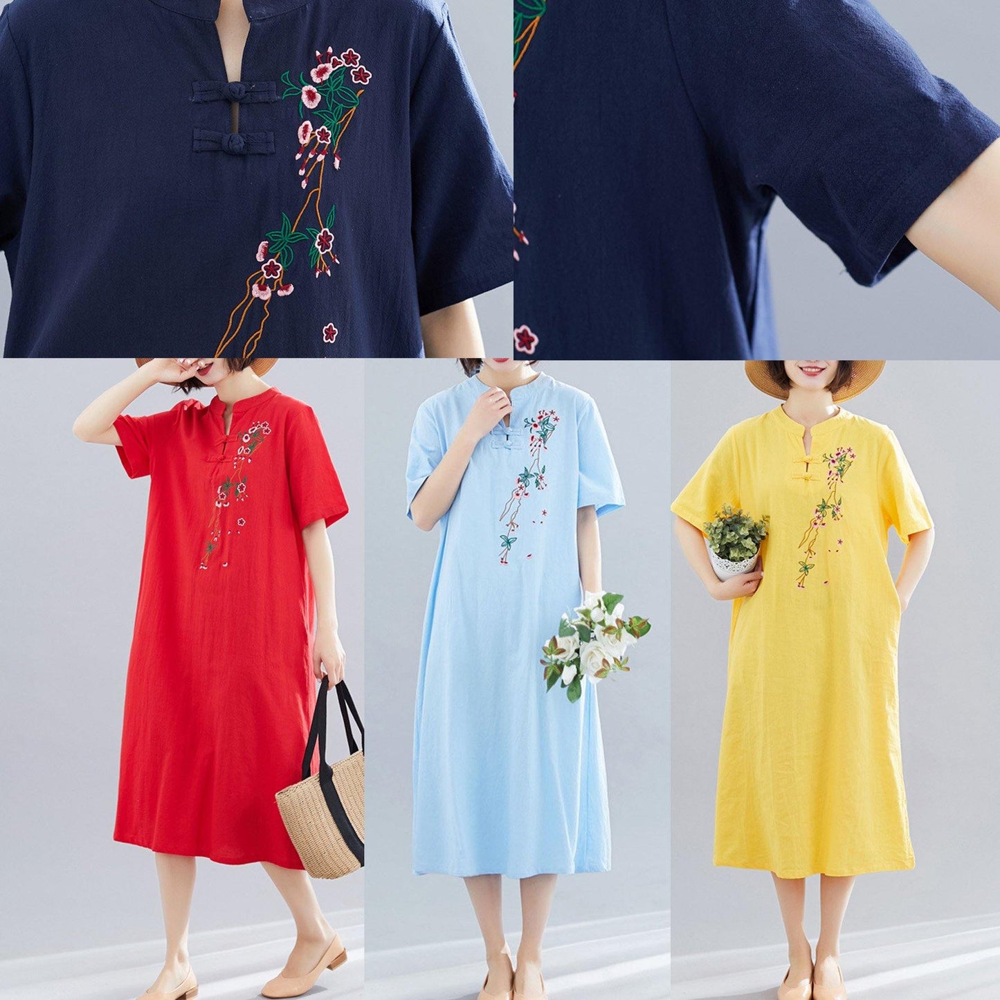 Loose Navy Cotton Quilting Dresses Embroidery a Line Summer Dresses