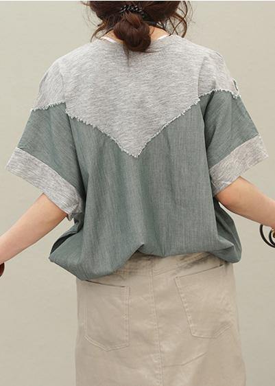 Loose O Neck Patchwork Cotton Summer Blouse Pattern Gray Tops