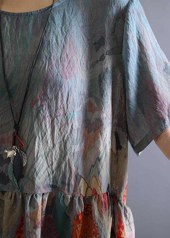 Loose O Neck Cinched Linen Summer Clothes Wardrobes Khaki Print Dress