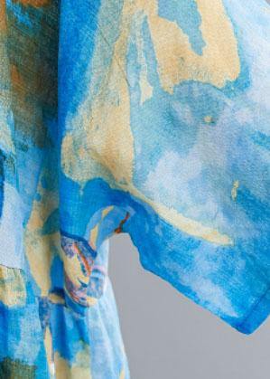 Loose O Neck Cinched Summer Clothes Blue Print Maxi Dresses