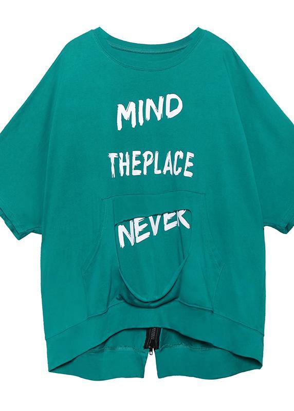Loose O Neck Zippered Cotton Tops Blue Green Blouse