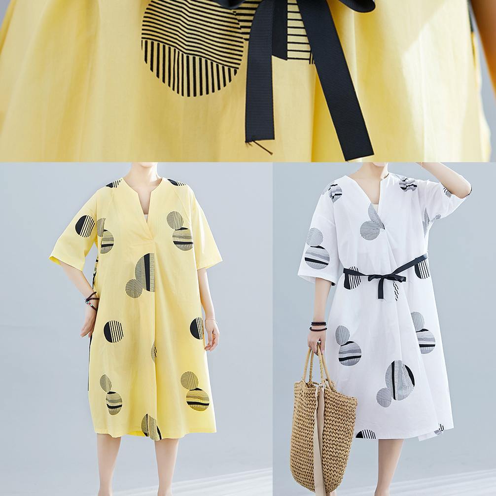 Loose V Neck Half Sleeve Linen Tunics Neckline White Dotted Dress Summer
