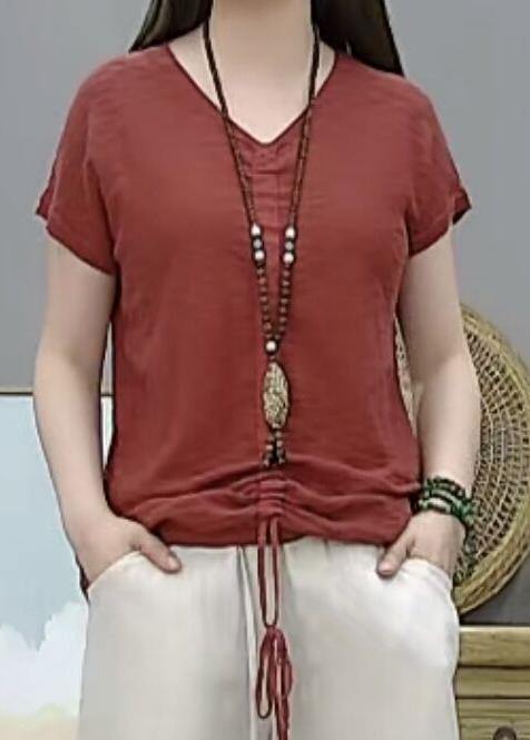 Loose White Cotton Tunic V Neck Drawstring Clothing Tops