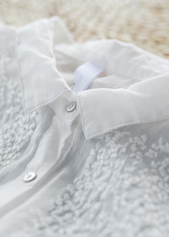 Loose White Embroidery Linen Tops Blouses Lapel Half Sleeve Oversized Top