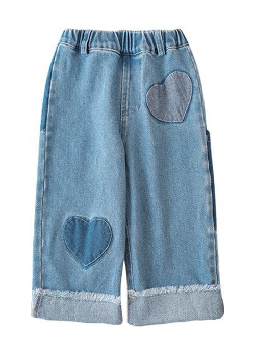 Blue Pockets Elastic Waist Denim Pants Fall