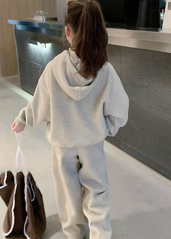 Grey Kids Fleece Hooded Sweatshirt and Wide Leg Pants Two Pieces Set Spring