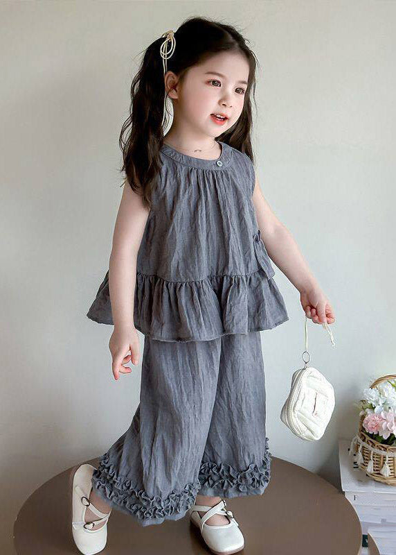 Grey Ruffled Patchwork Kids T Shirt and Crop Pants Two Piece Set Sleeveless