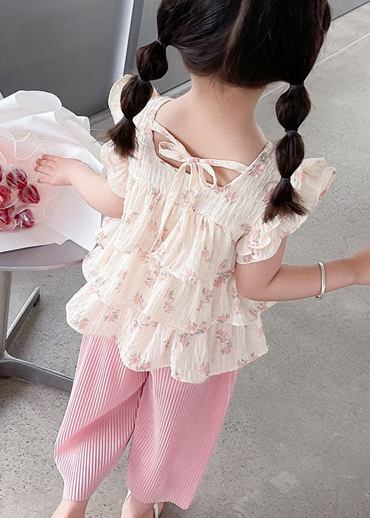 Pink Ruffled Tops and Pants Cotton Baby Two Pieces Set Summer