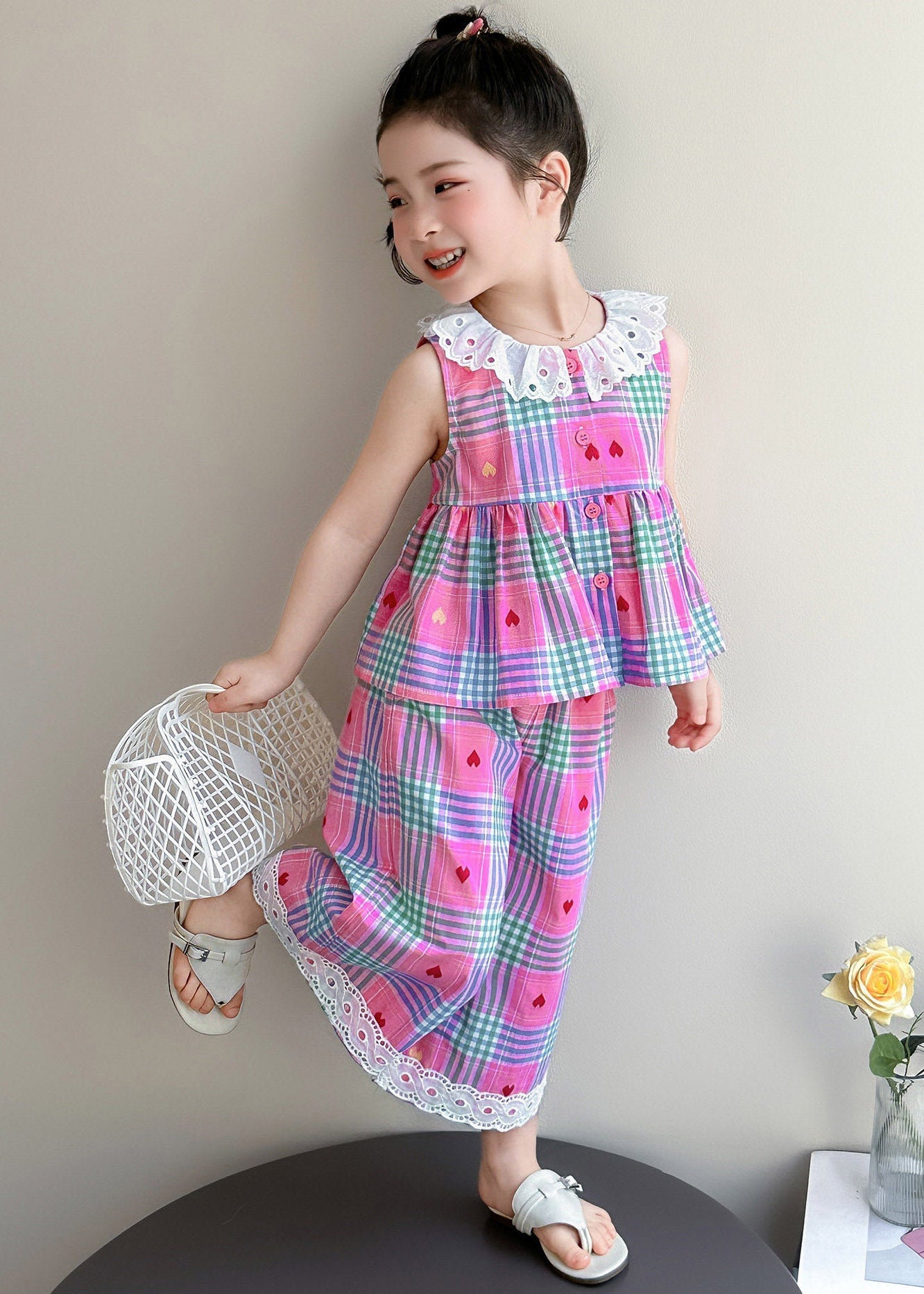 Pink Striped Patchwork T Shirt and Wide Leg Pants Two Piece Set Sleeveless