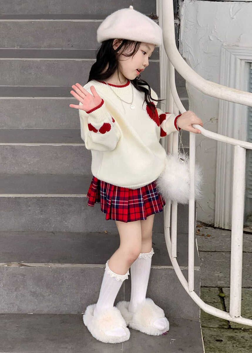 Red Patchwork Kids Cotton Knit Sweaters and Skirts Two Piece Set Spring