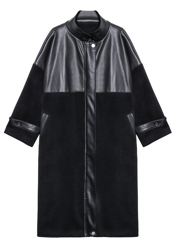 Black Woolen Patchwork Pu Zippered Winter Cotton Coats