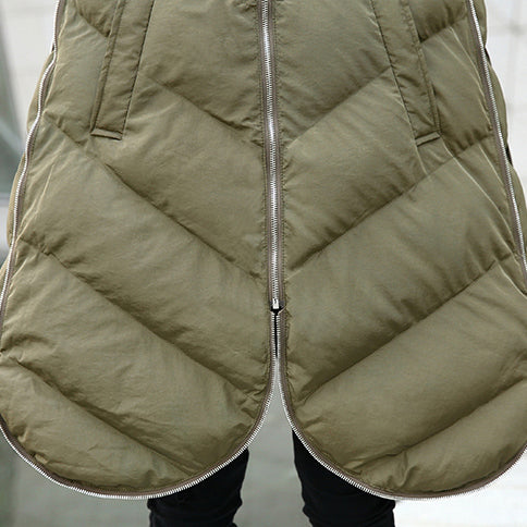Army Green Parka Hooded Down Over Coat Sleeveless Trench Coat