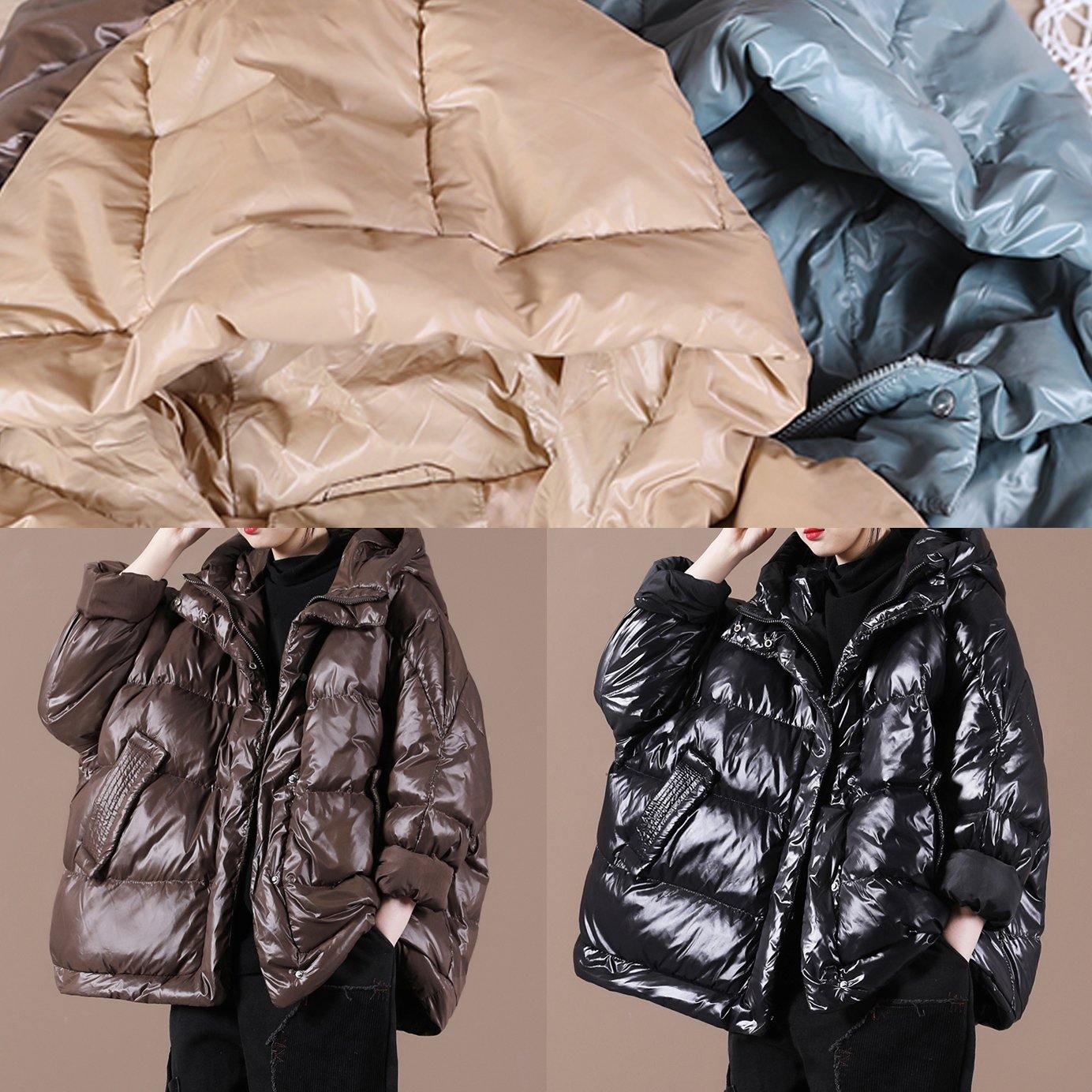 Black Down Coat Winter Loose-fitting Down Jacket Hooded Zippered Warm Coats