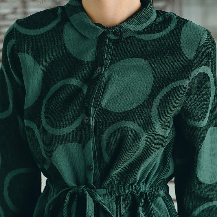 Blackish Green Dotted Maxi Coat Jacquard Peter Pan Collar Fine Baggy Dresses