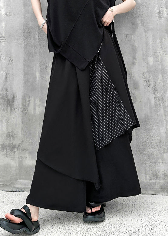 Modern Black Asymmetrical Pocketspatchwork Cotton Wide Leg Pants Fall
