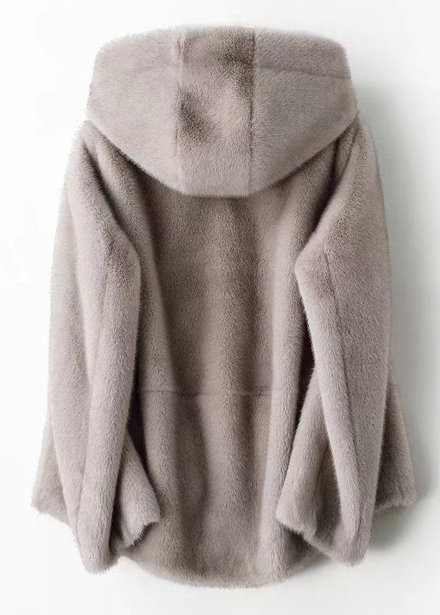 Modern Brown Patchwork Zippered Mink Hair Hoodie Coat Long Sleeve