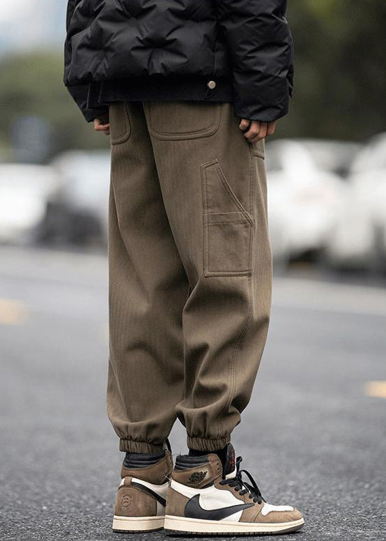 Modern Coffee Pockets Elastic Waist Beam Pants Spring