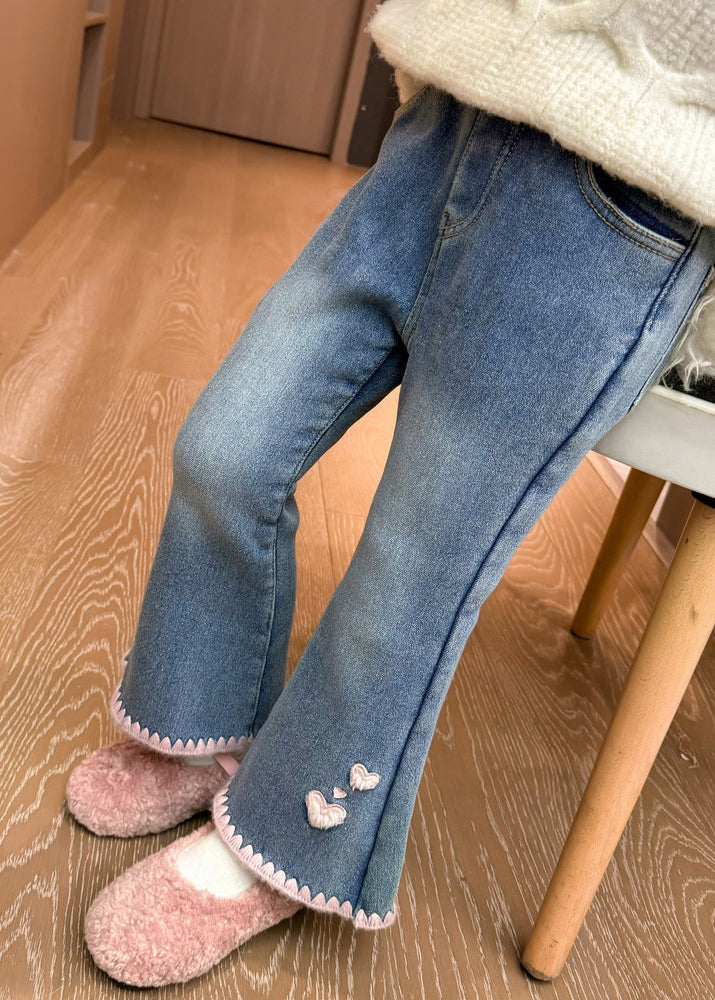 Modern Denim Blue Love Pockets Warm Fleece Crop Flared Pants Spring