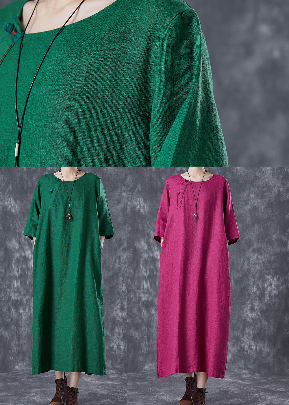 Modern Green O-neck Chinese Button Linen a Line Dress Summer