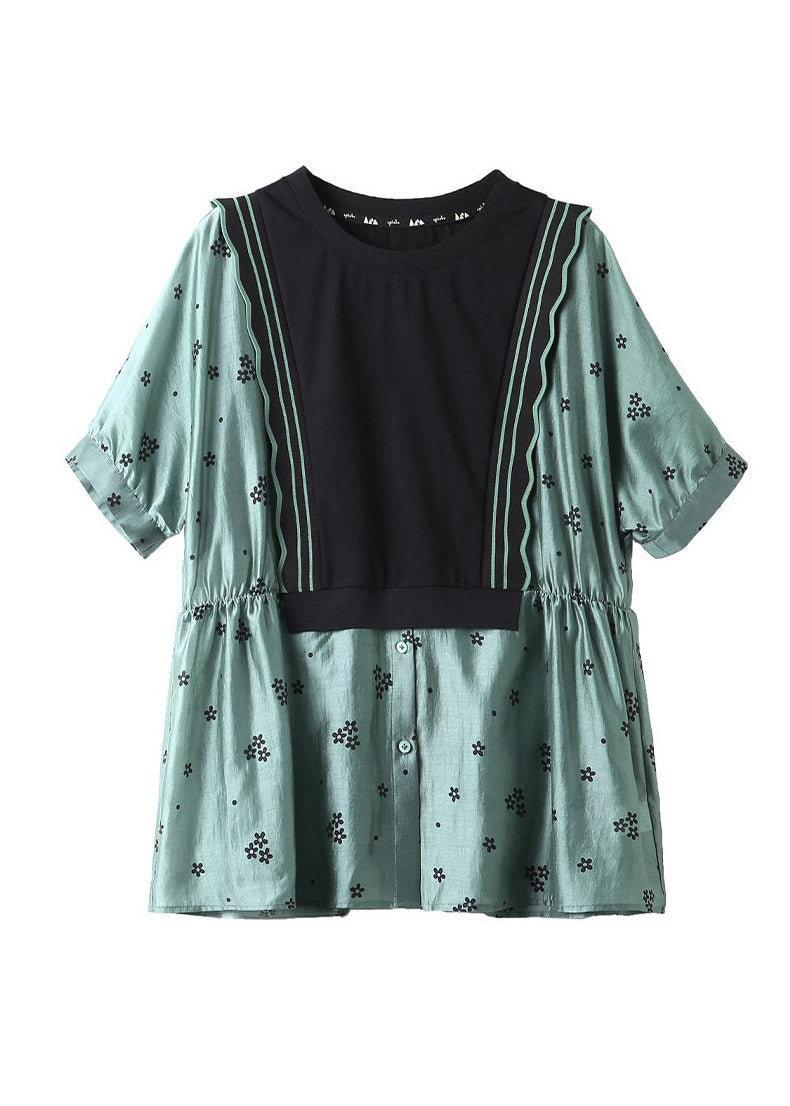 Modern Green O-neck Print Patchwork Wrinkled Button Shirts Short Sleeve