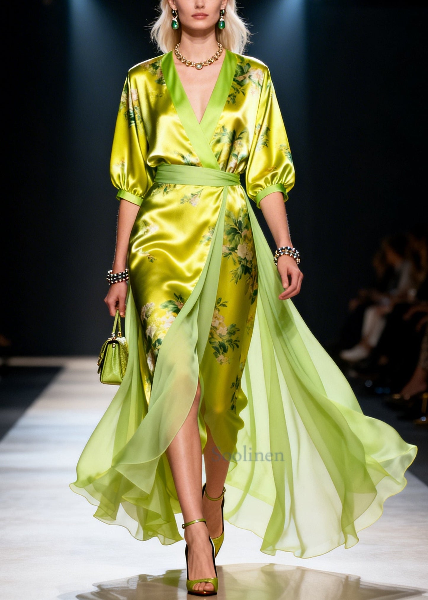Modern Green Print Patchwork Exra Large Hem Silk Dress Summer