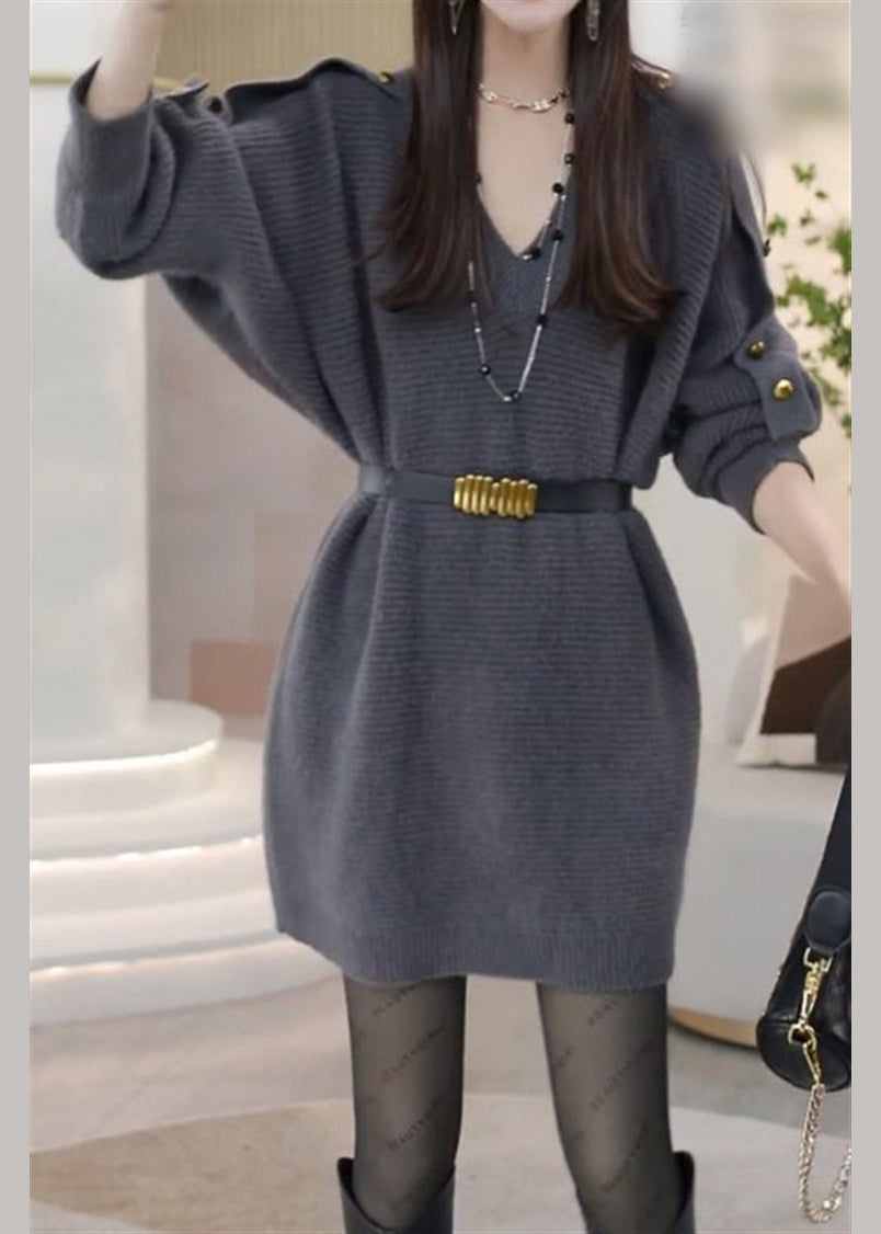 Modern Grey V Neck Metal Buttons Knit Sweater Dress Spring