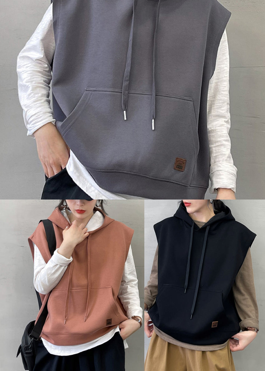 Modern Grey Drawstring Cotton Pullover Vest Sleeveless