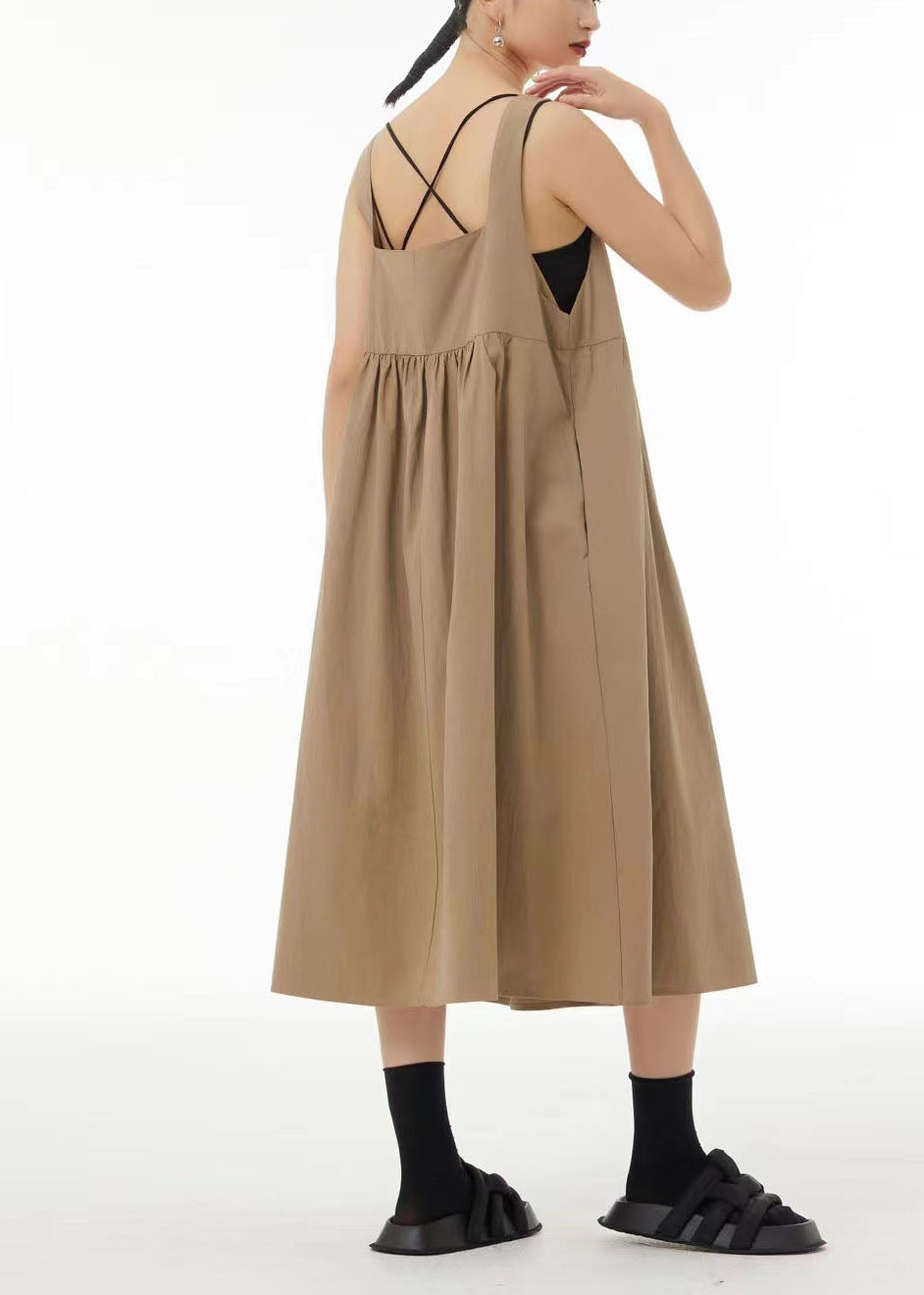 Modern Khaki Backless Patchwork Cotton a Line Dress Sleeveless