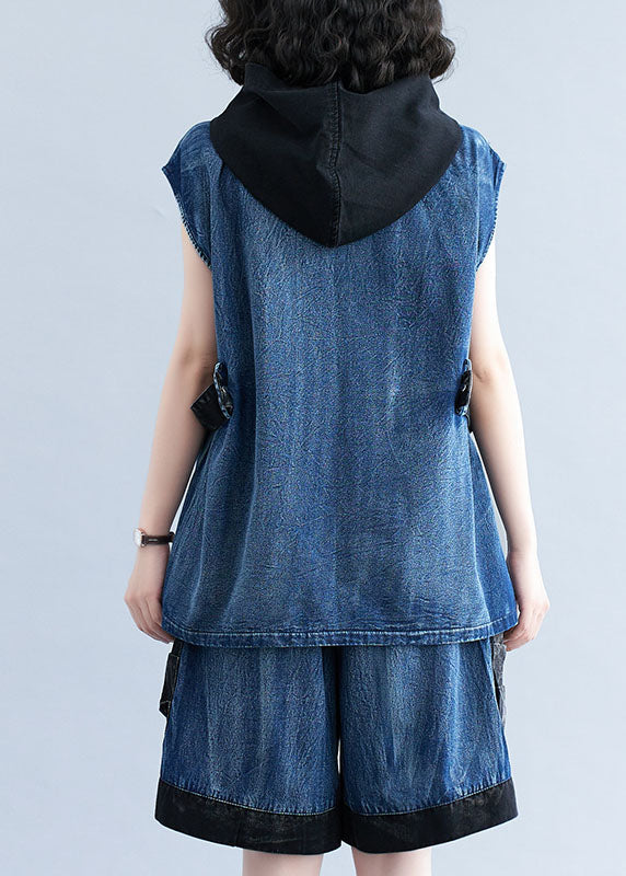 Modern Navy Hooded Pockets Tops and Pants Denim Two Pieces Set Summer