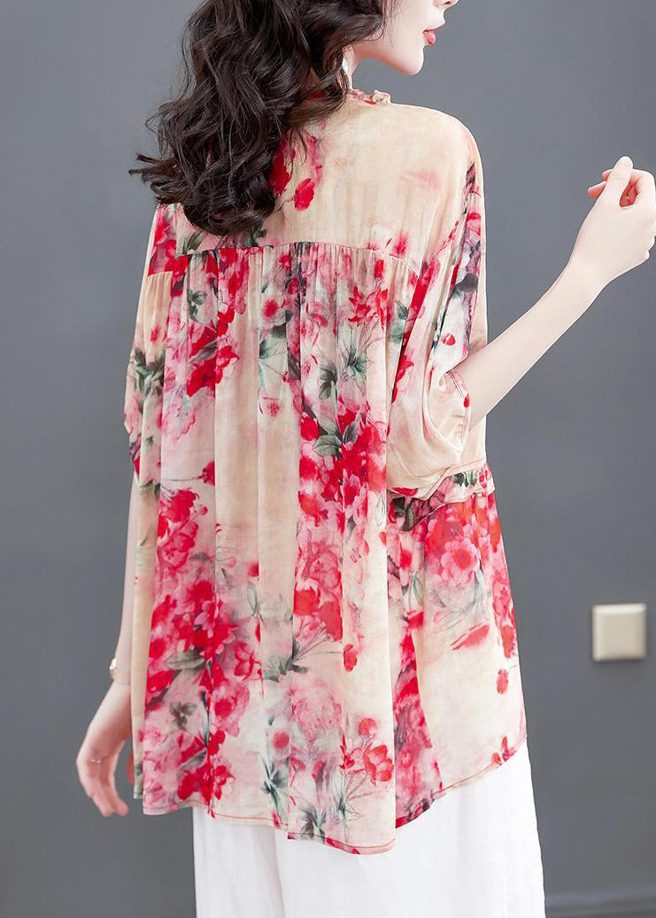 Modern Red Print O-neck Ruffled Chiffon Tops Half Sleeve