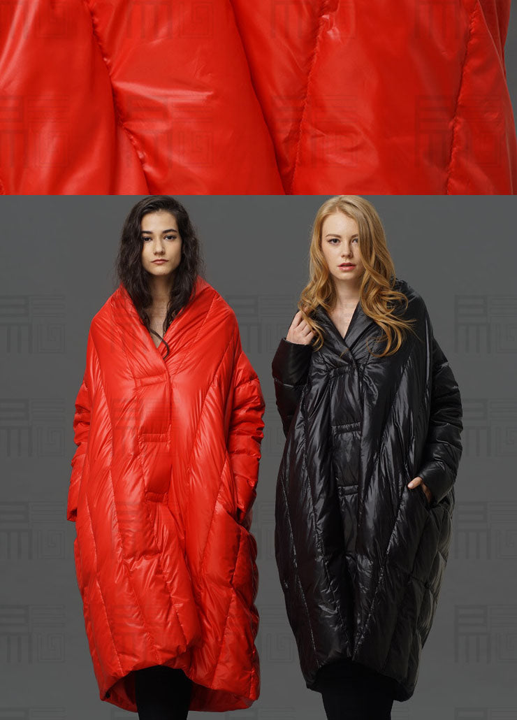 Modern Red Turtle Neck Cloak Sleeves Low High Design Winter Duck Down Coat