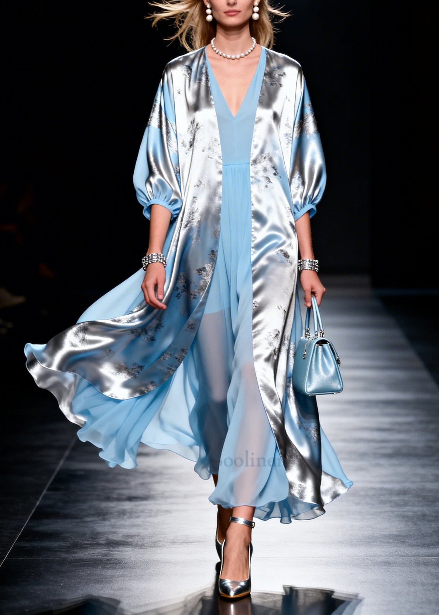 Modern Sky Blue V Neck Patchwork Chiffon Fake Two Piece Dress Summer