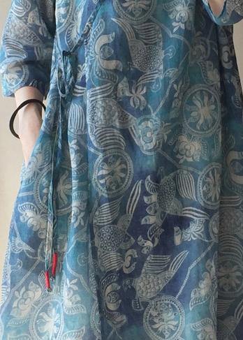 Modern V Neck Half Sleeve Quilting Dresses Pattern Blue Print Robes Dress