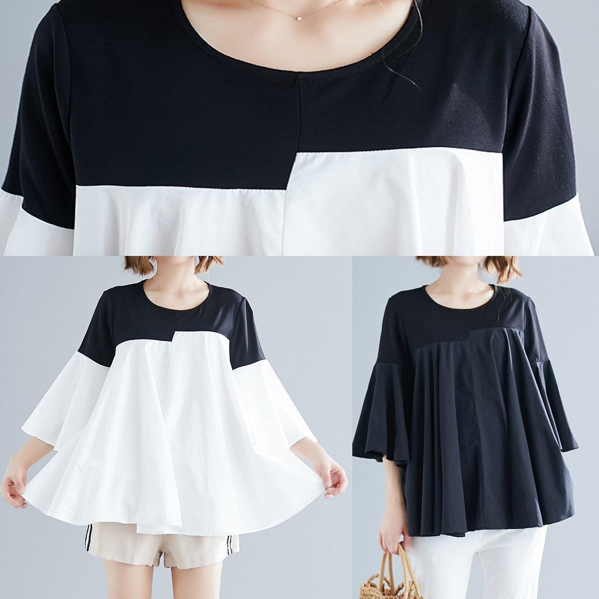 Modern Black Cotton Blended Clothes Cotton O Neck Flare Sleeve Silhouette Summer Blouse