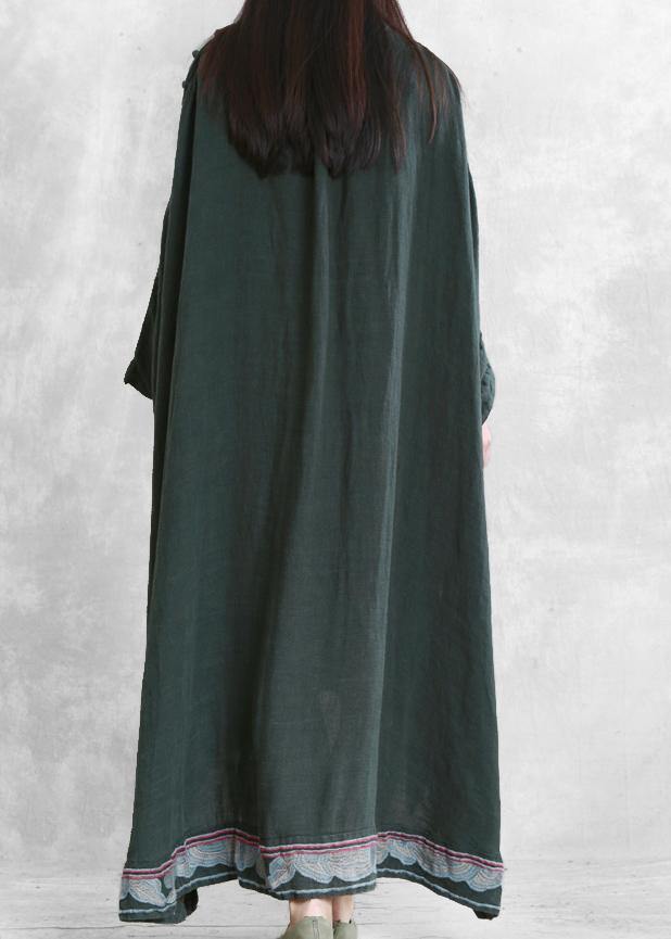 Modern Blackish Green Linen Long Shirts O Neck Embroidery Robe Dresses