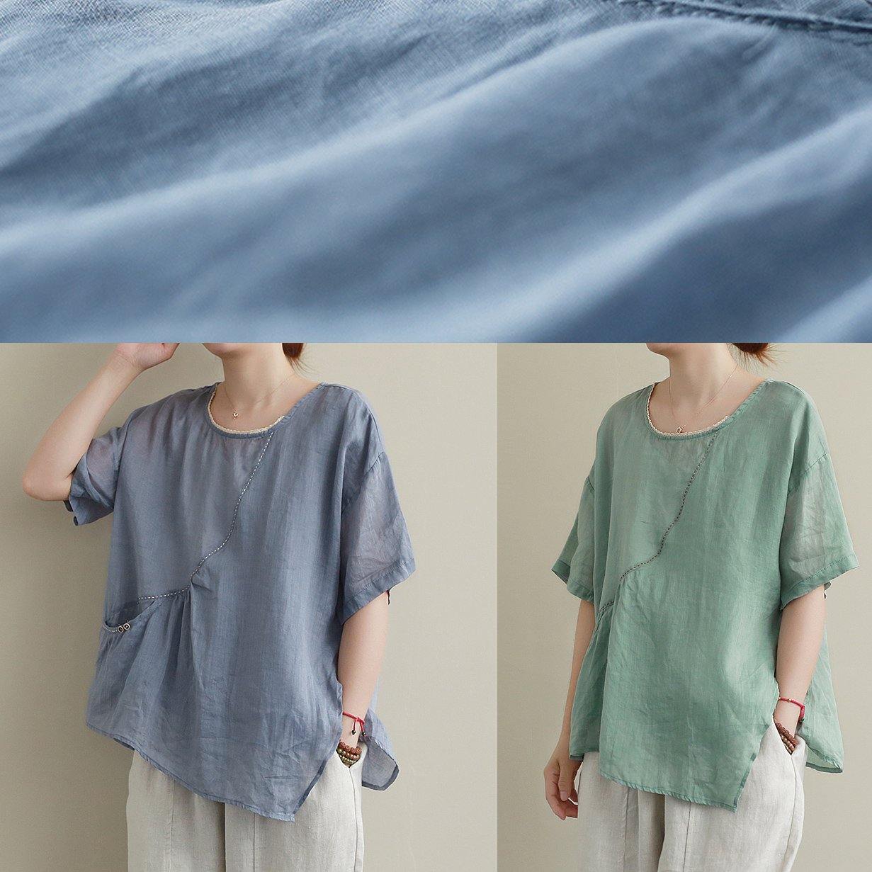 Modern Blue Cotton Linen Shirts Sewing O Neck Asymmetric Summer Shirts