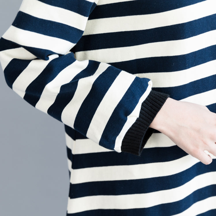 Modern Blue White Striped Cotton Clothes for Korea Dresses Spring O Neck Dresses