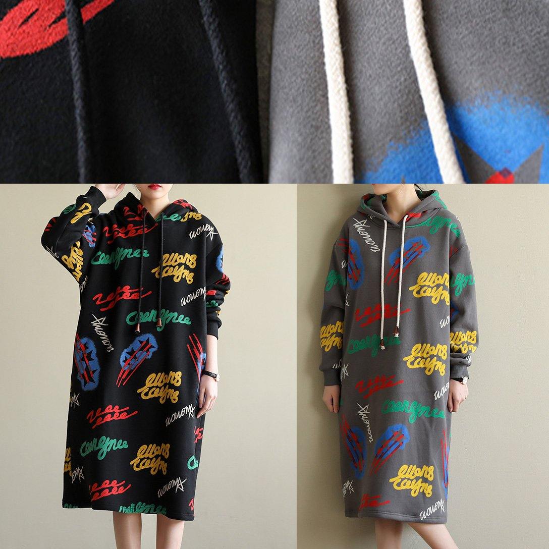 Modern Cotton Hooded Tunics Shirts Black Print Art Dresses