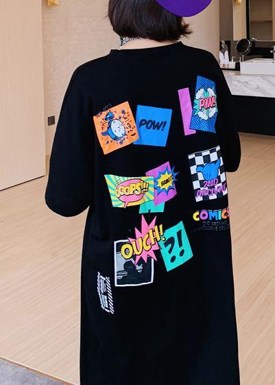 Modern O Neck Tunics Shirts Black Cartoon Print Maxi Dresses