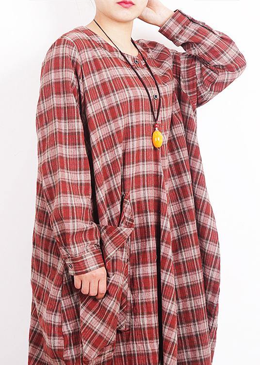 Modern O Neck Patchwork Cotton Quilting Dresses Work Red Plaid Art Dress