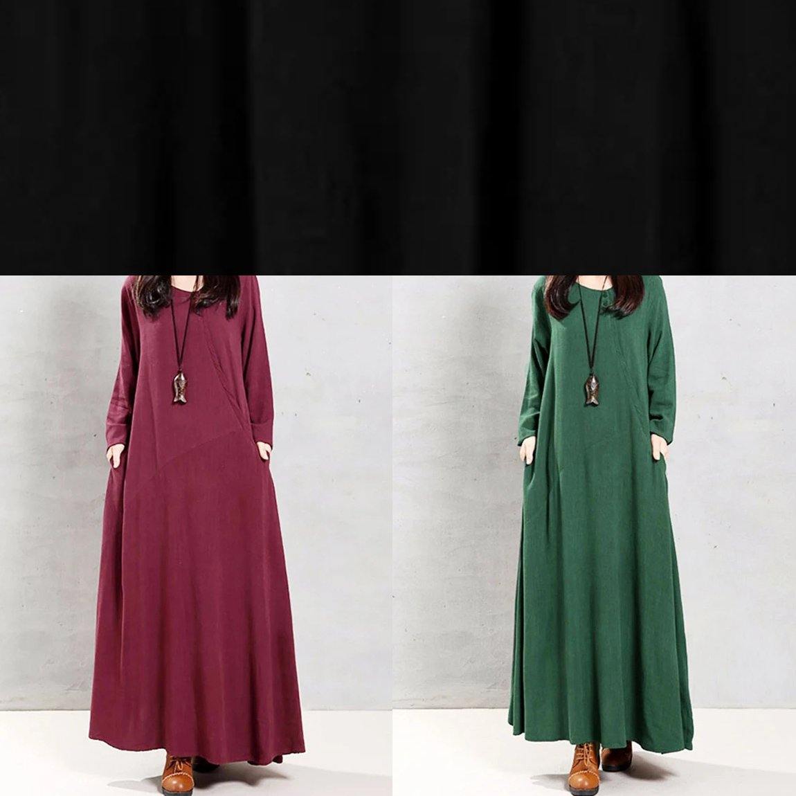 Modern O Neck Patchwork Linen Cotton Spring Robes Runway Burgundy Dress